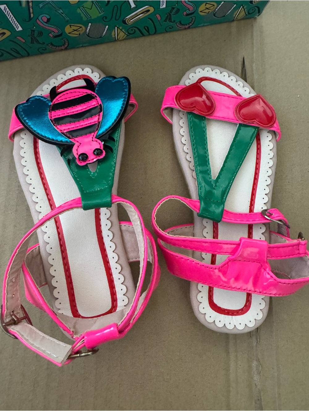 Girls' Pink Green Heart & Bee Sandals